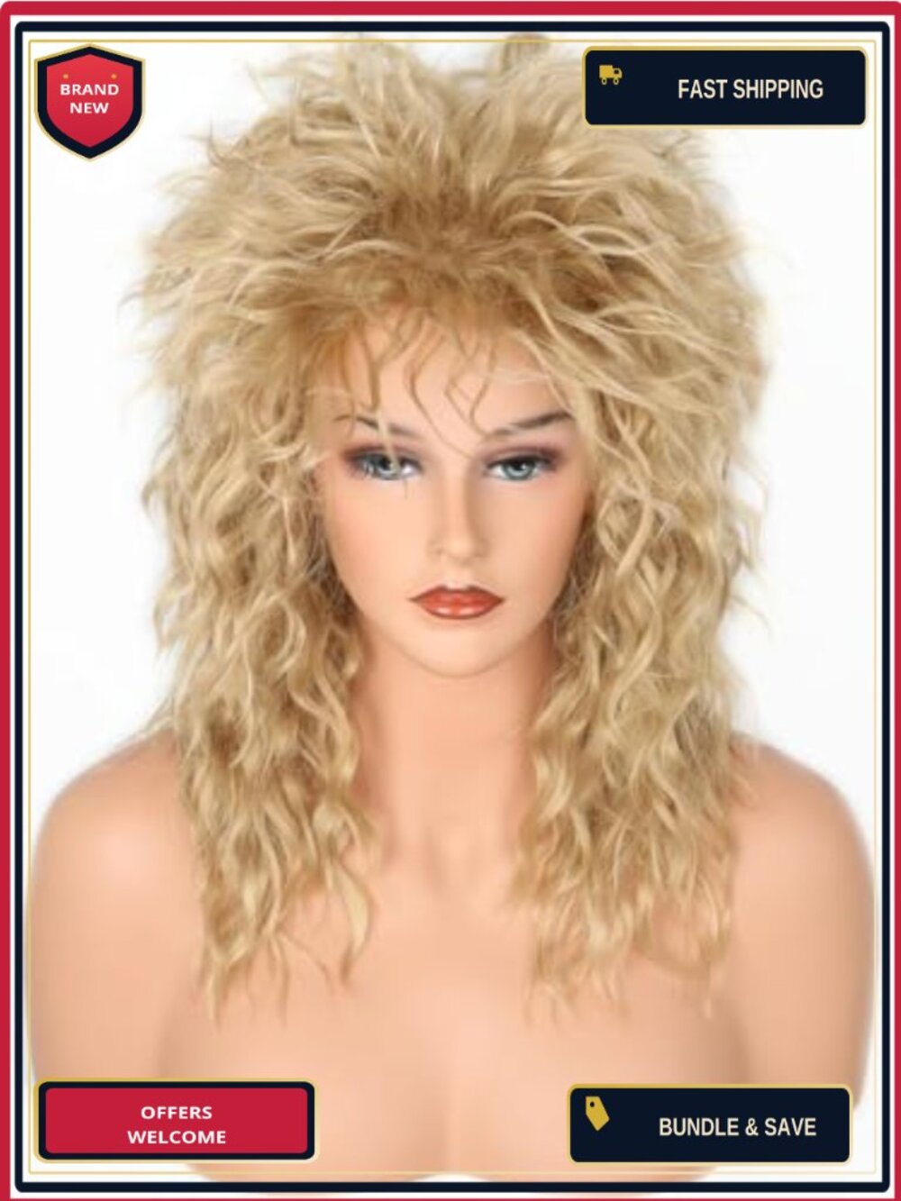 80s Rock Diva Wig Synthetic Fiber Mullet Halloween Cosplay Costume